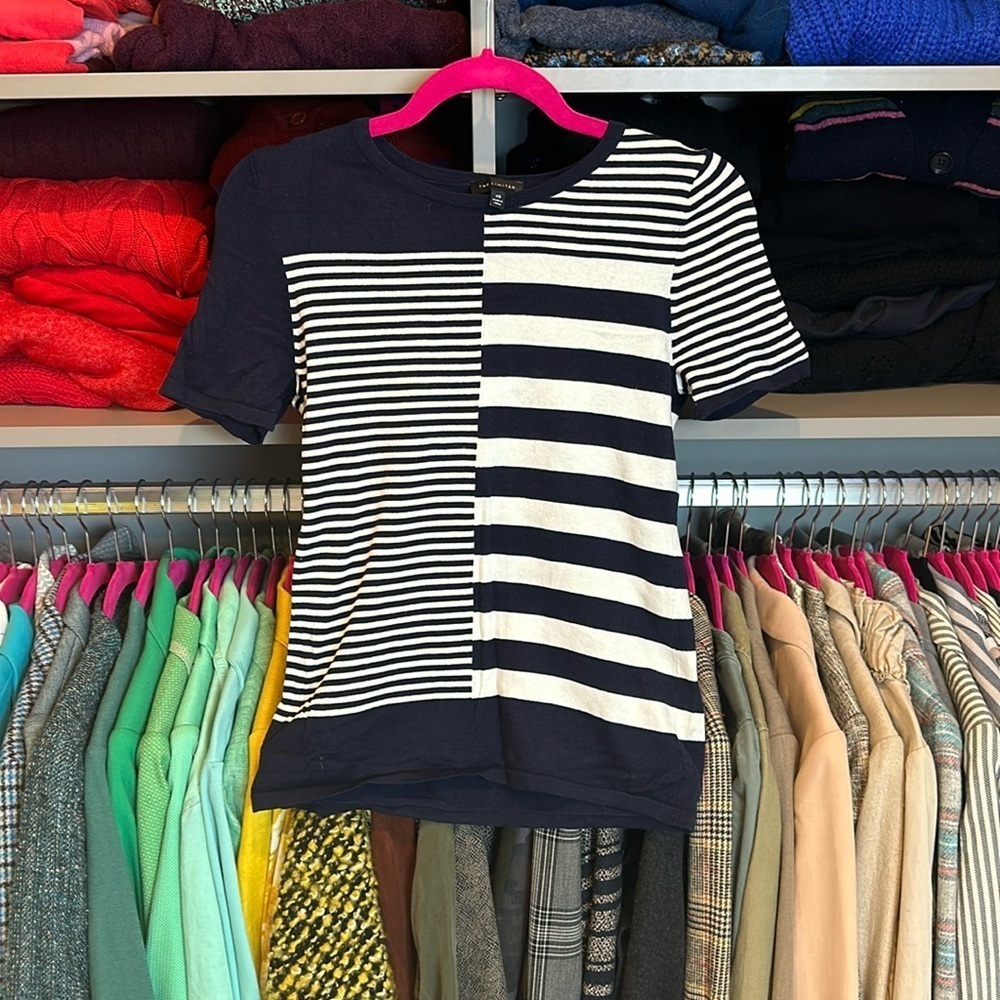 The Limited navy and white striped shirt sleeve crew neck sweater size X…